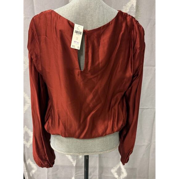 Anthropologie Wine Red Satin Balloon Long Sleeve Blouson Hem Blouse Small NWT - Picture 4 of 11